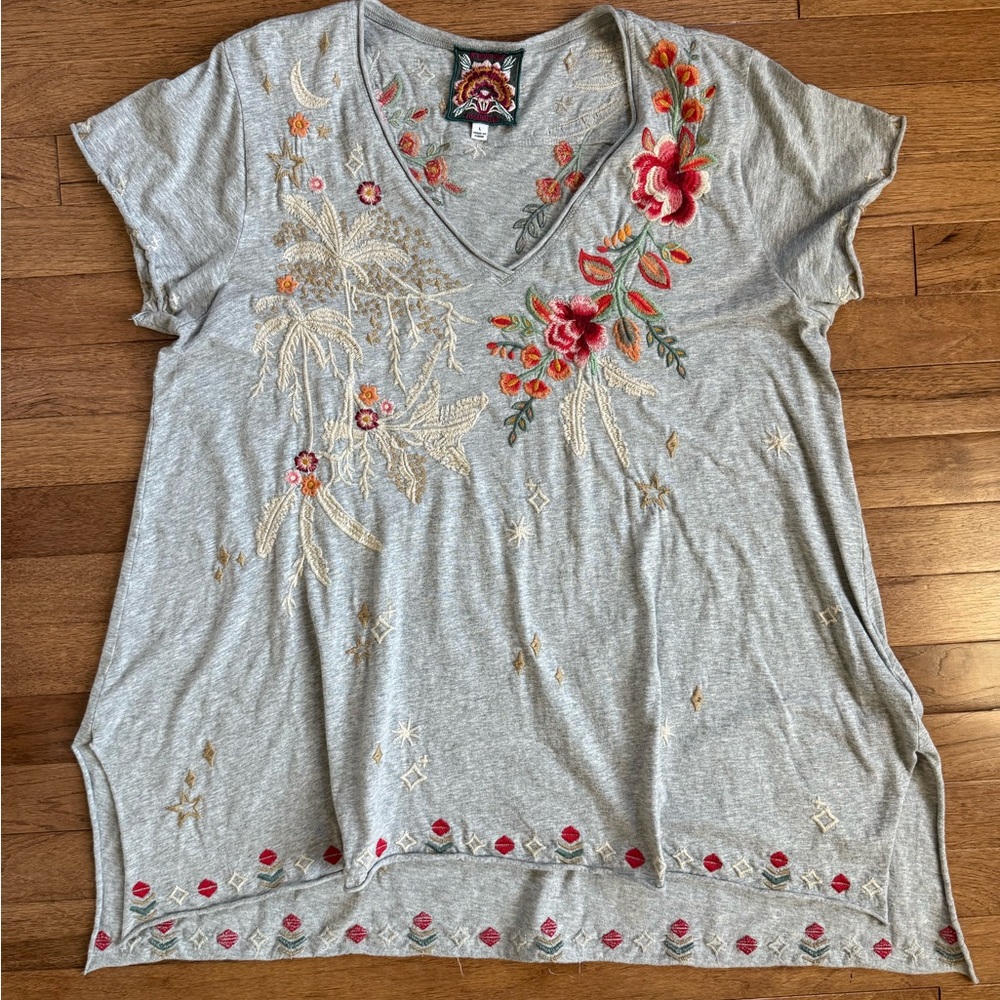 Johnny Was Gray Top with Red and Orange Embroidery